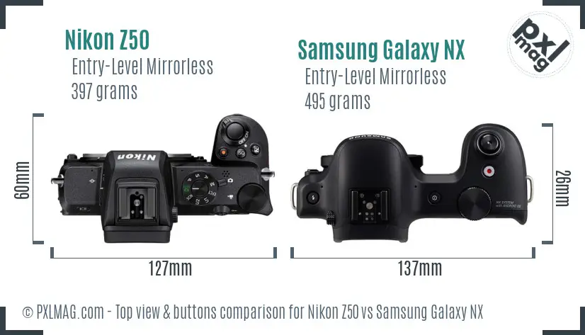 Nikon Z50 vs Samsung Galaxy NX top view buttons comparison