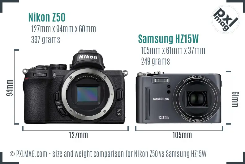 Nikon Z50 vs Samsung HZ15W size comparison