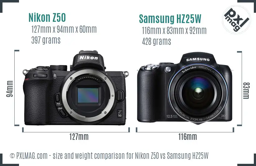 Nikon Z50 vs Samsung HZ25W size comparison Nikon Z50 vs Samsung HZ25W size comparison