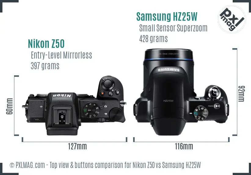 Nikon Z50 vs Samsung HZ25W top view buttons comparison Nikon Z50 vs Samsung HZ25W top view buttons comparison