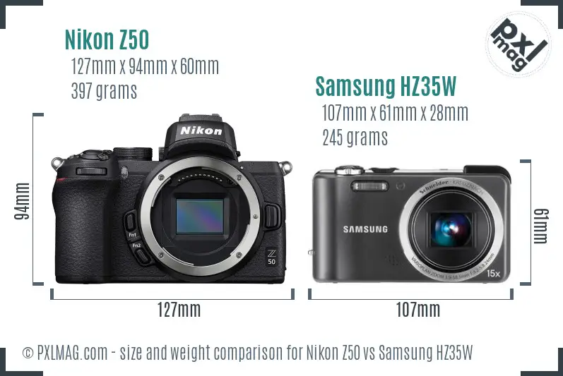 Nikon Z50 vs Samsung HZ35W size comparison