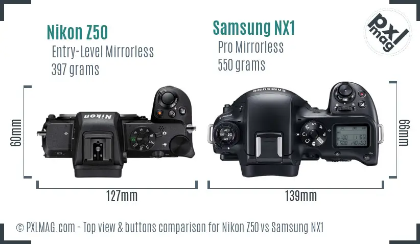 Nikon Z50 vs Samsung NX1 top view buttons comparison
