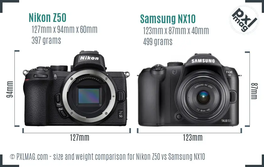 Nikon Z50 vs Samsung NX10 size comparison