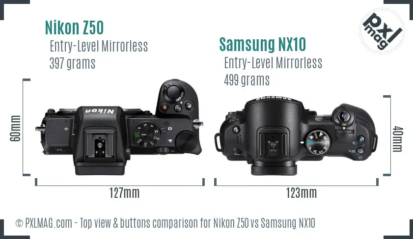 Nikon Z50 vs Samsung NX10 top view buttons comparison