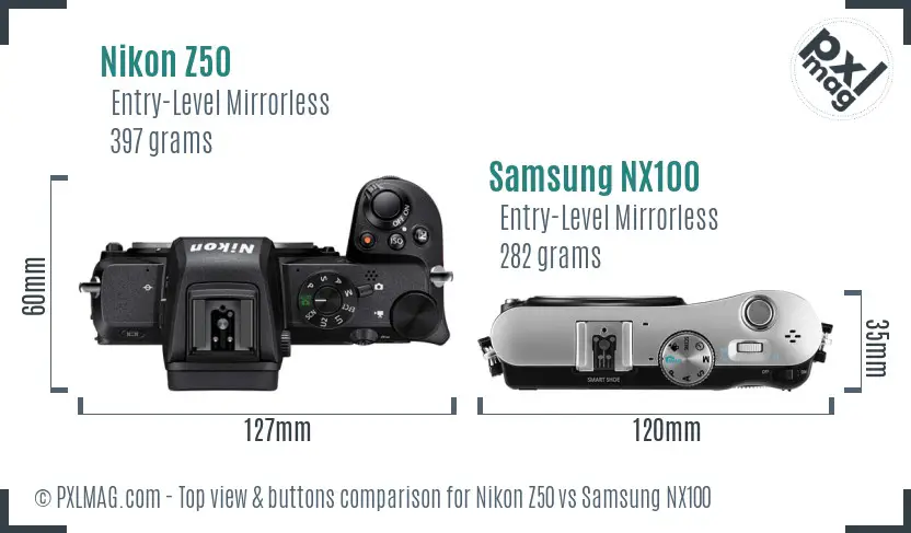 Nikon Z50 vs Samsung NX100 top view buttons comparison