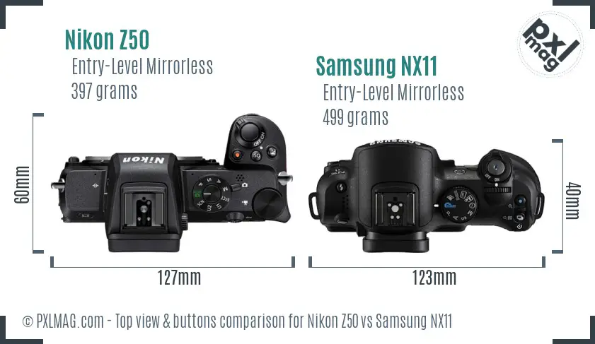 Nikon Z50 vs Samsung NX11 top view buttons comparison