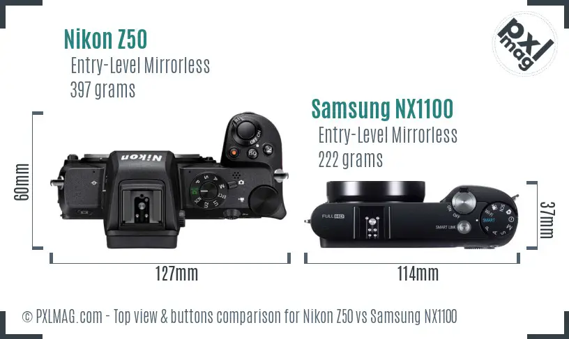 Nikon Z50 vs Samsung NX1100 top view buttons comparison
