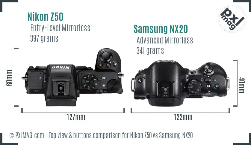 Nikon Z50 vs Samsung NX20 top view buttons comparison Nikon Z50 vs Samsung NX20 top view buttons comparison