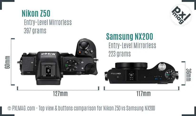 Nikon Z50 vs Samsung NX200 top view buttons comparison