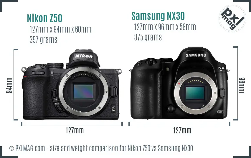 Nikon Z50 vs Samsung NX30 size comparison Nikon Z50 vs Samsung NX30 size comparison