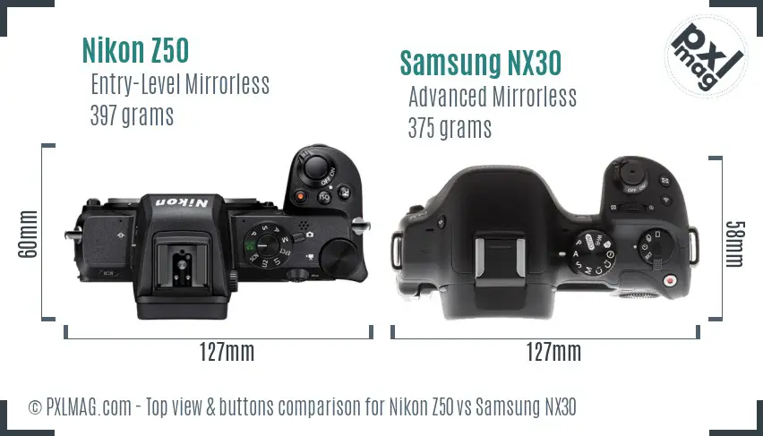 Nikon Z50 vs Samsung NX30 top view buttons comparison Nikon Z50 vs Samsung NX30 top view buttons comparison