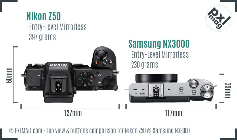 Nikon Z50 vs Samsung NX3000 top view buttons comparison