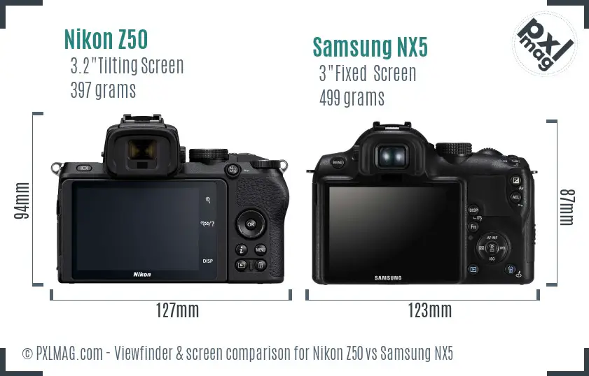 Nikon Z50 vs Samsung NX5 Screen and Viewfinder comparison