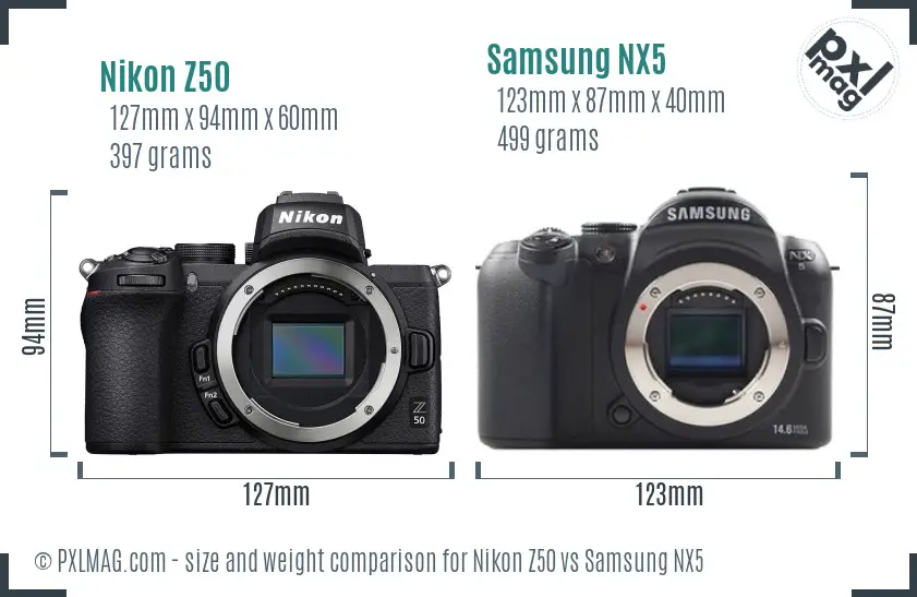 Nikon Z50 vs Samsung NX5 size comparison