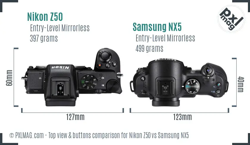 Nikon Z50 vs Samsung NX5 top view buttons comparison