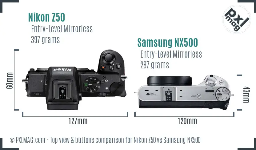 Nikon Z50 vs Samsung NX500 top view buttons comparison