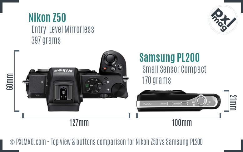 Nikon Z50 vs Samsung PL200 top view buttons comparison