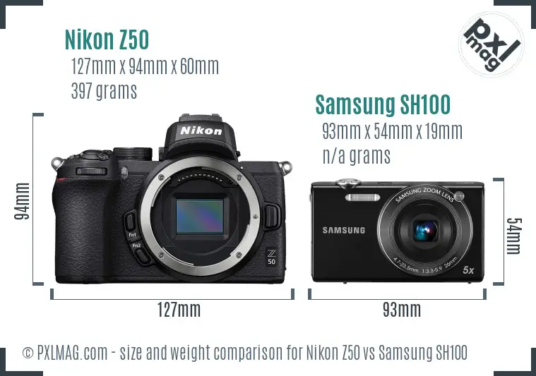 Nikon Z50 vs Samsung SH100 size comparison