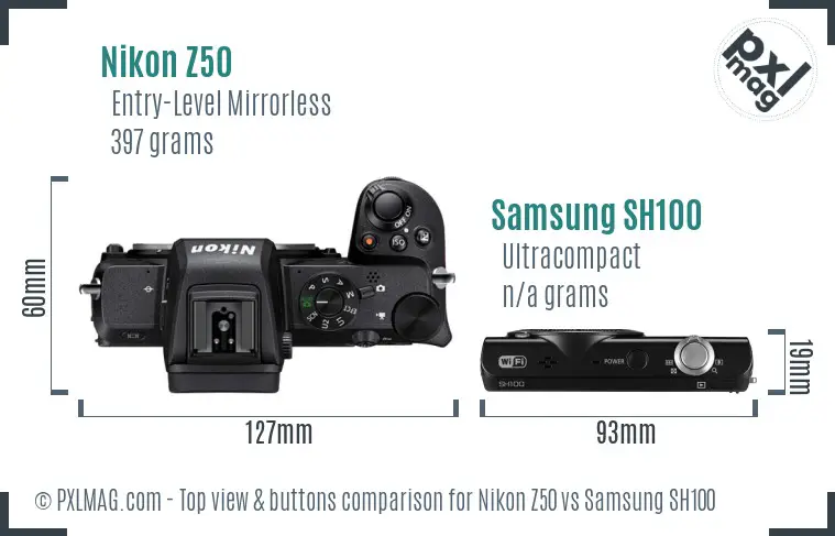 Nikon Z50 vs Samsung SH100 top view buttons comparison