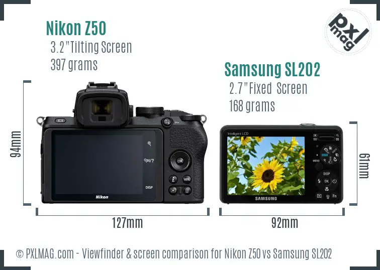 Nikon Z50 vs Samsung SL202 Screen and Viewfinder comparison