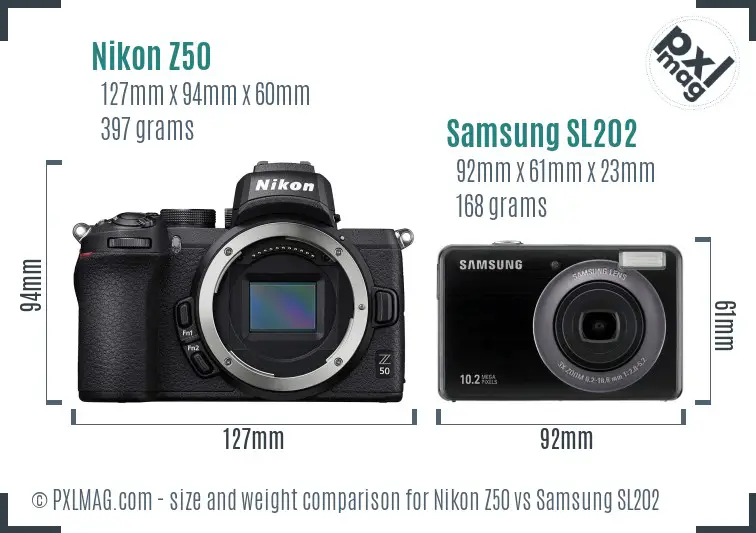Nikon Z50 vs Samsung SL202 size comparison