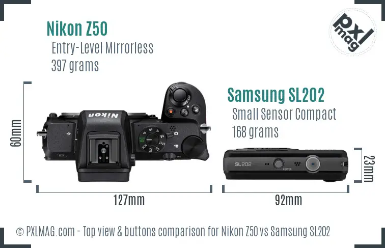 Nikon Z50 vs Samsung SL202 top view buttons comparison