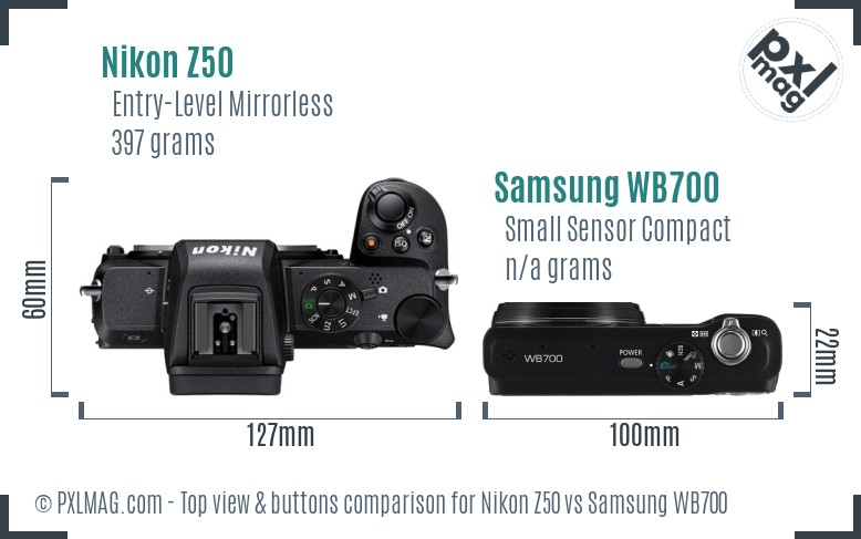 Nikon Z50 vs Samsung WB700 top view buttons comparison