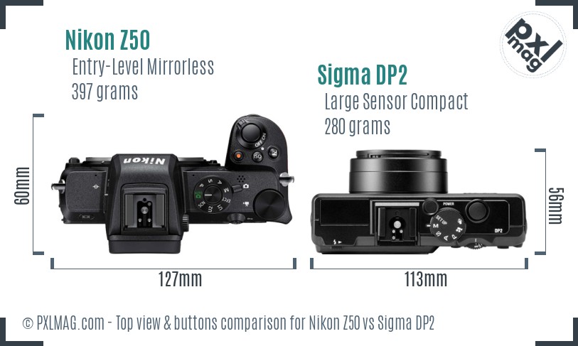 Nikon Z50 vs Sigma DP2 top view buttons comparison
