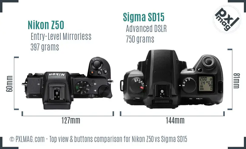 Nikon Z50 vs Sigma SD15 top view buttons comparison