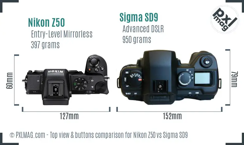 Nikon Z50 vs Sigma SD9 top view buttons comparison