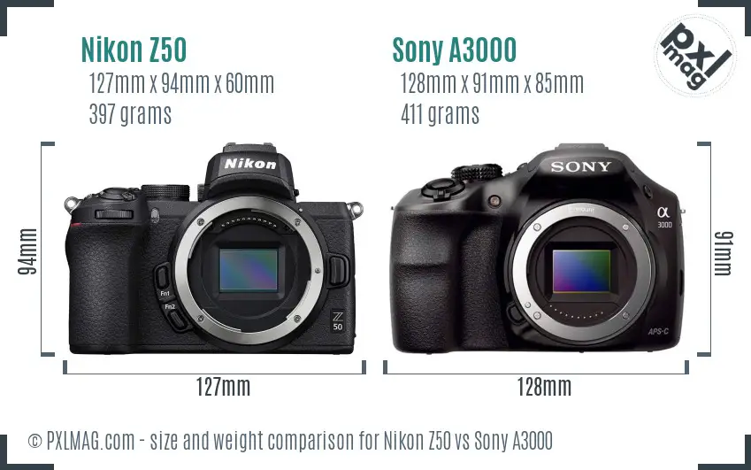 Nikon Z50 vs Sony A3000 size comparison