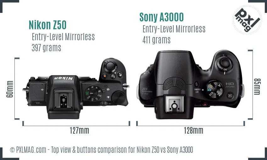 Nikon Z50 vs Sony A3000 top view buttons comparison