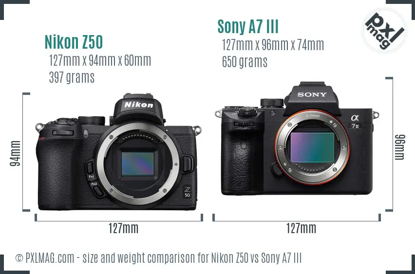 Nikon Z50 vs Sony A7 III size comparison