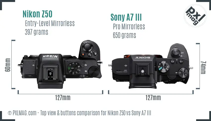 Nikon Z50 vs Sony A7 III top view buttons comparison
