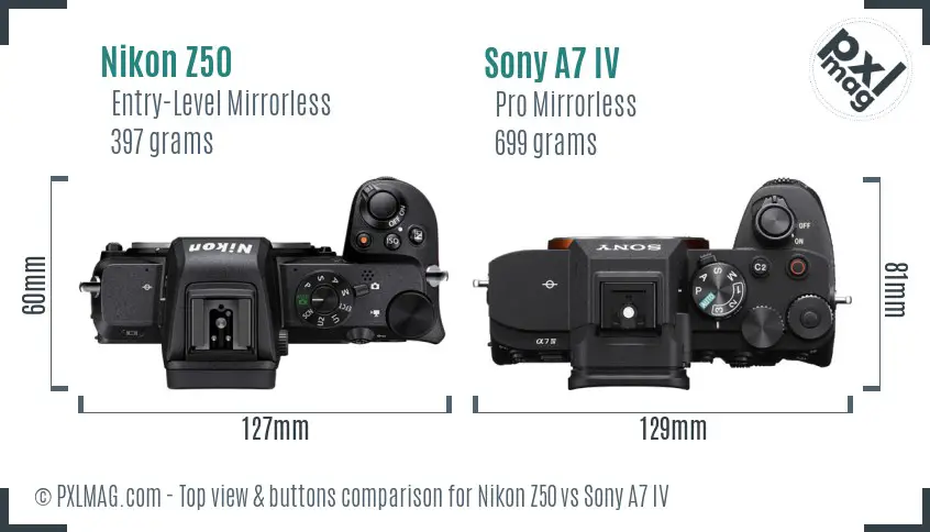 Nikon Z50 vs Sony A7 IV top view buttons comparison