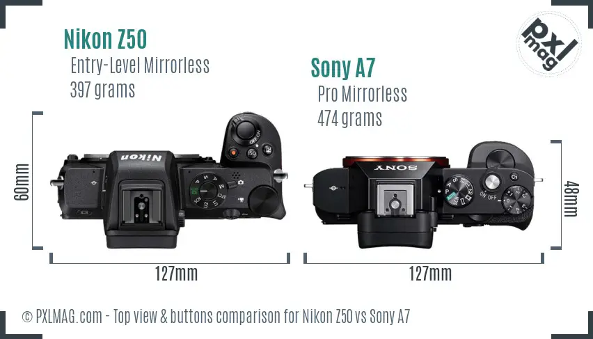 Nikon Z50 vs Sony A7 top view buttons comparison Nikon Z50 vs Sony A7 top view buttons comparison