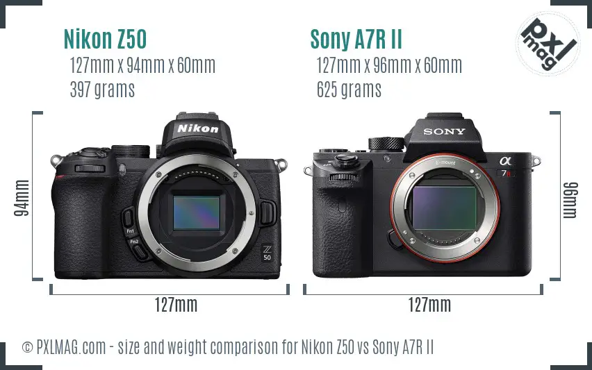 Nikon Z50 vs Sony A7R II size comparison