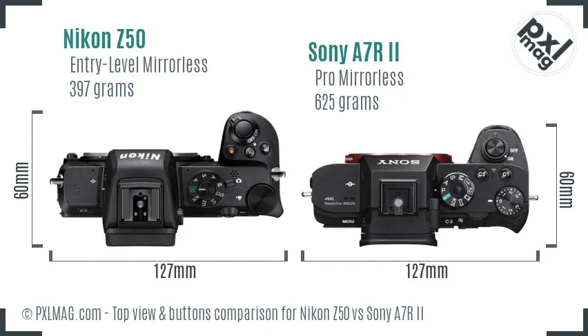 Nikon Z50 vs Sony A7R II top view buttons comparison