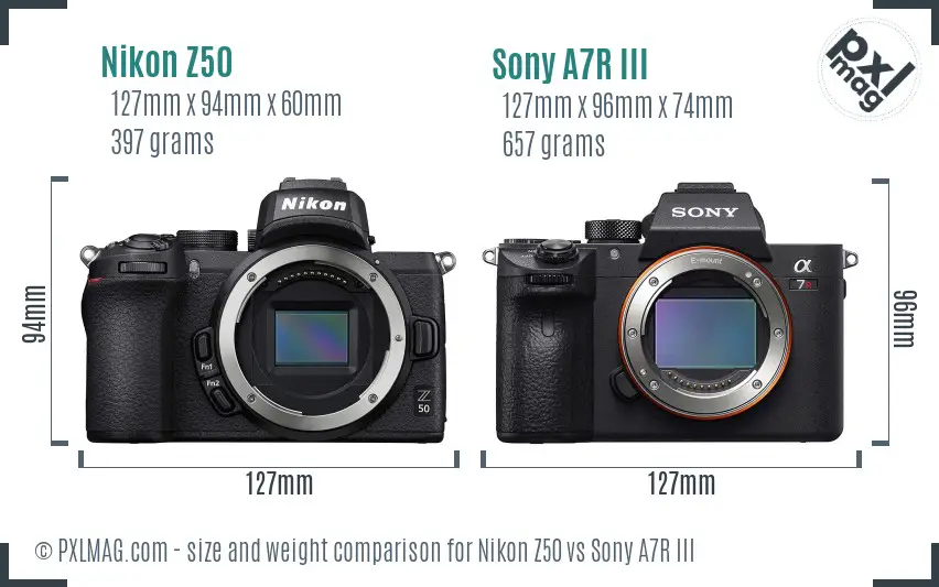 Nikon Z50 vs Sony A7R III size comparison