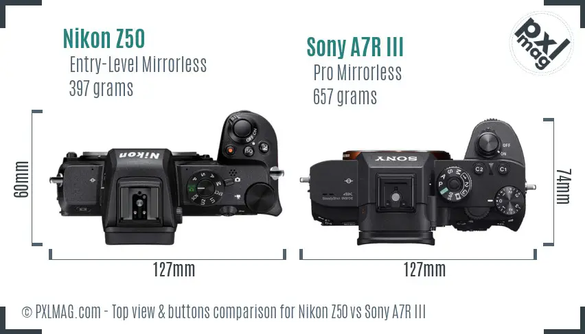 Nikon Z50 vs Sony A7R III top view buttons comparison