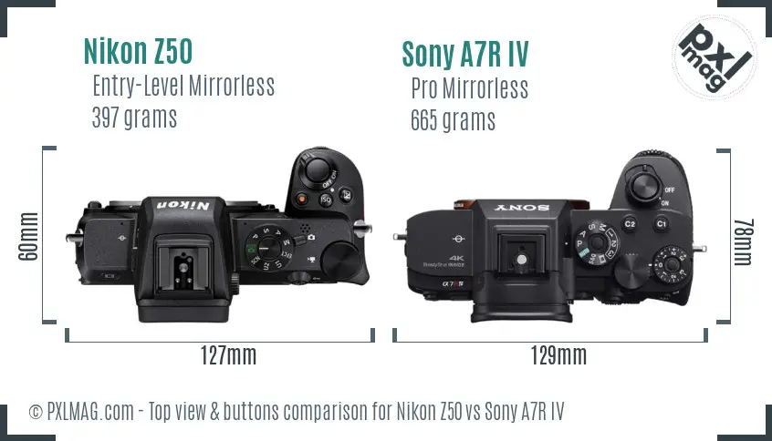 Nikon Z50 vs Sony A7R IV top view buttons comparison