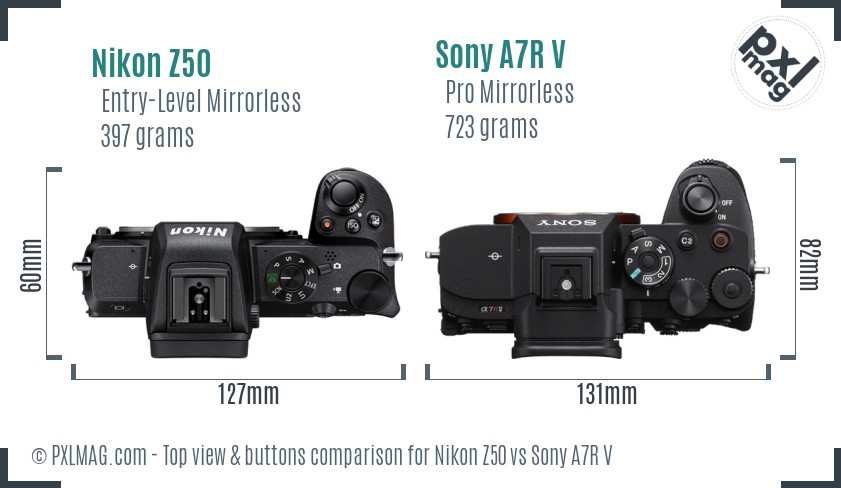 Nikon Z50 vs Sony A7R V top view buttons comparison