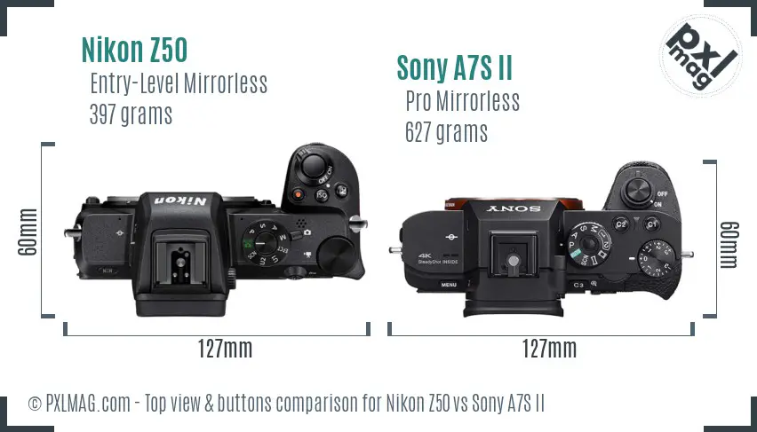 Nikon Z50 vs Sony A7S II top view buttons comparison
