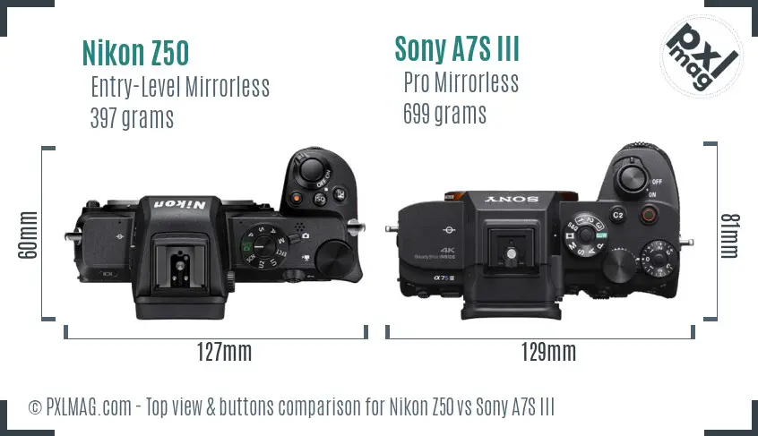 Nikon Z50 vs Sony A7S III top view buttons comparison