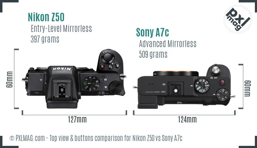 Nikon Z50 vs Sony A7c top view buttons comparison