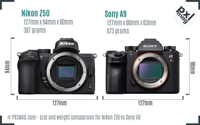 Nikon Z50 vs Sony A9 size comparison