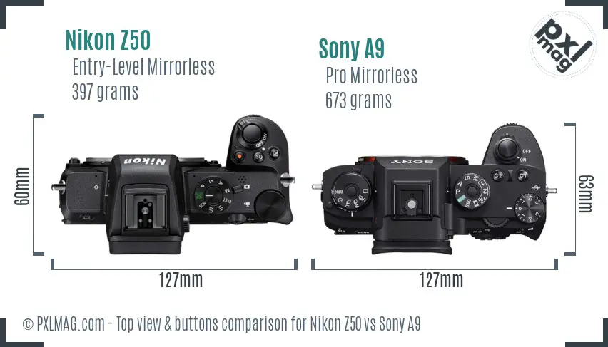 Nikon Z50 vs Sony A9 top view buttons comparison
