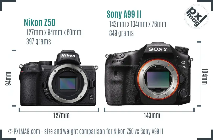 Nikon Z50 vs Sony A99 II size comparison