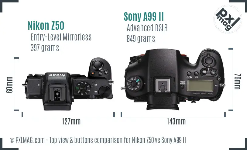 Nikon Z50 vs Sony A99 II top view buttons comparison