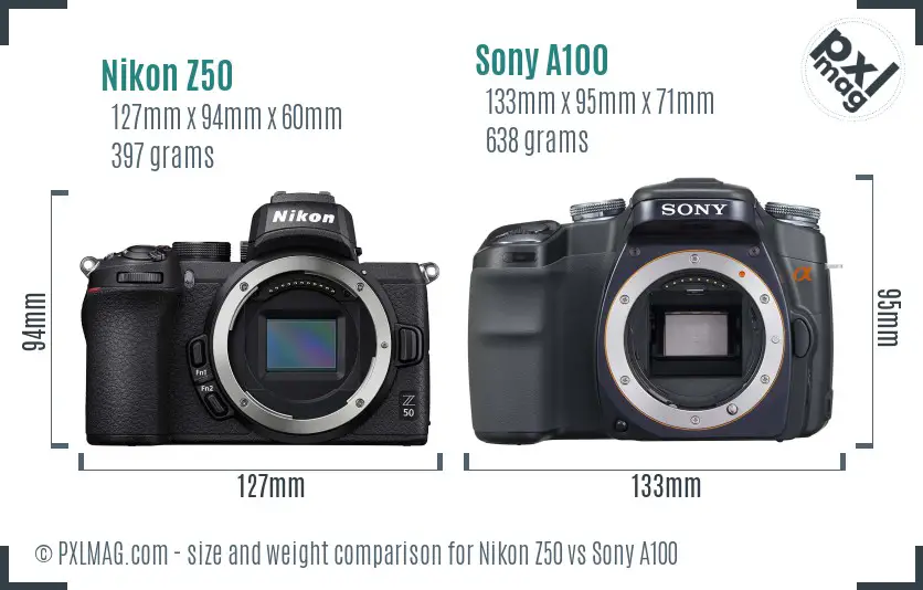 Nikon Z50 vs Sony A100 size comparison